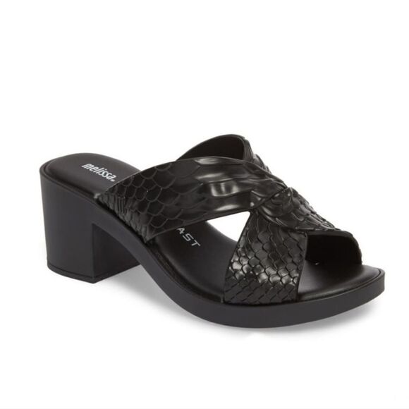 Melissa x Baja East Collab Black Python Strappy Block Heel Slide PVC Sandals 7 - Picture 1 of 8